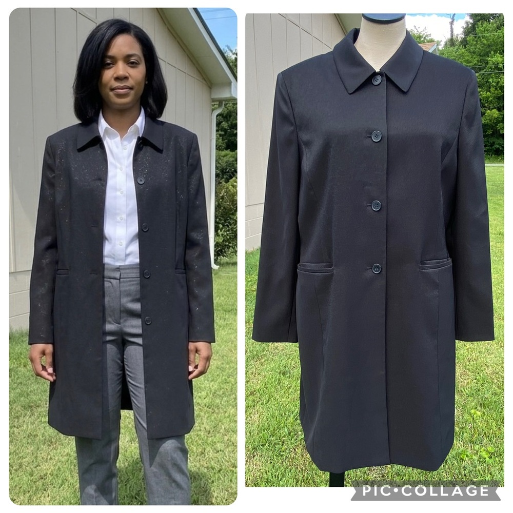 Kasper Longline Blazer Shimmer Black Jacket Button Pocket Business Dark Academia